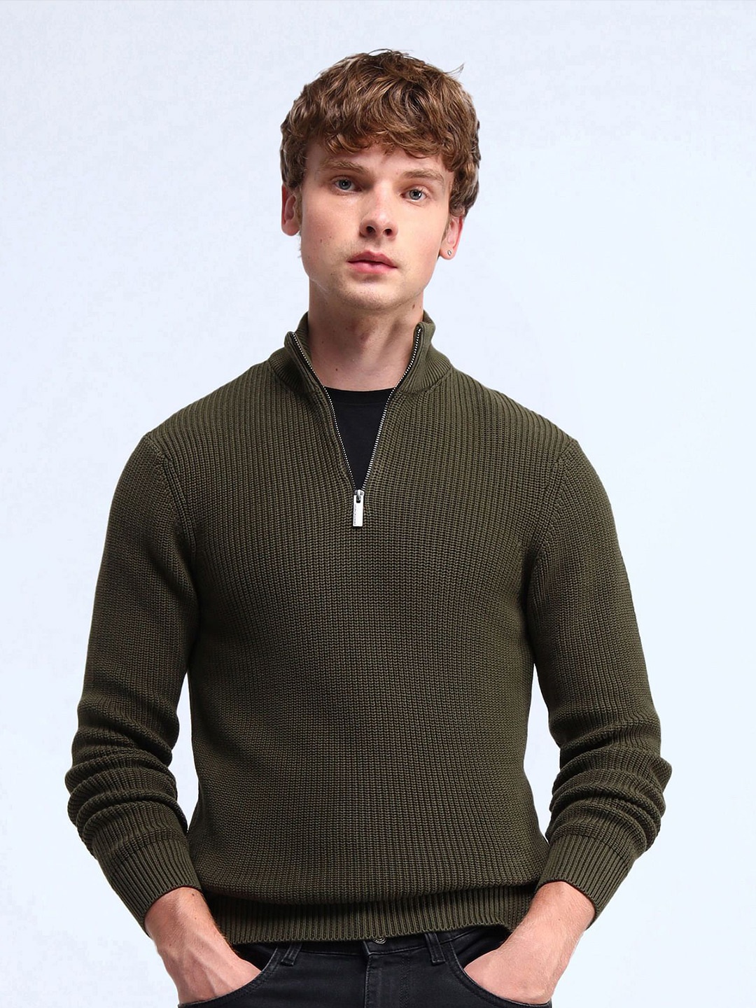 

Flying Machine Men Cable Knit Cotton Pullover, Green