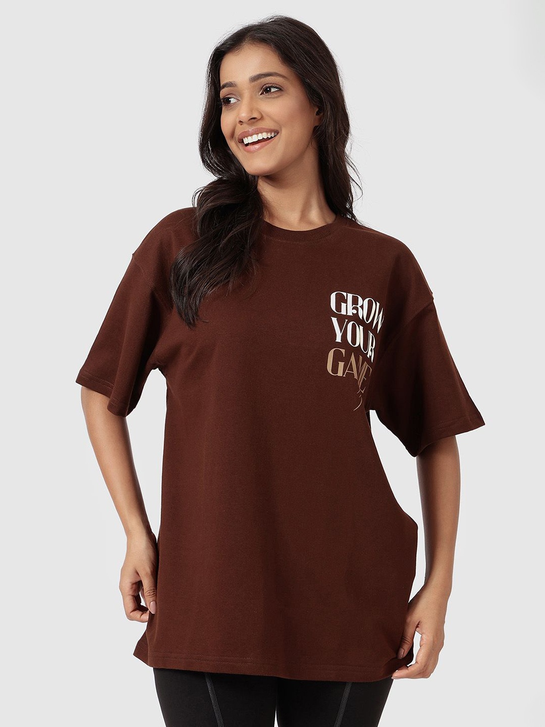 

FUAARK Women Typography Drop Shoulder Pure Cotton T-shirt, Brown