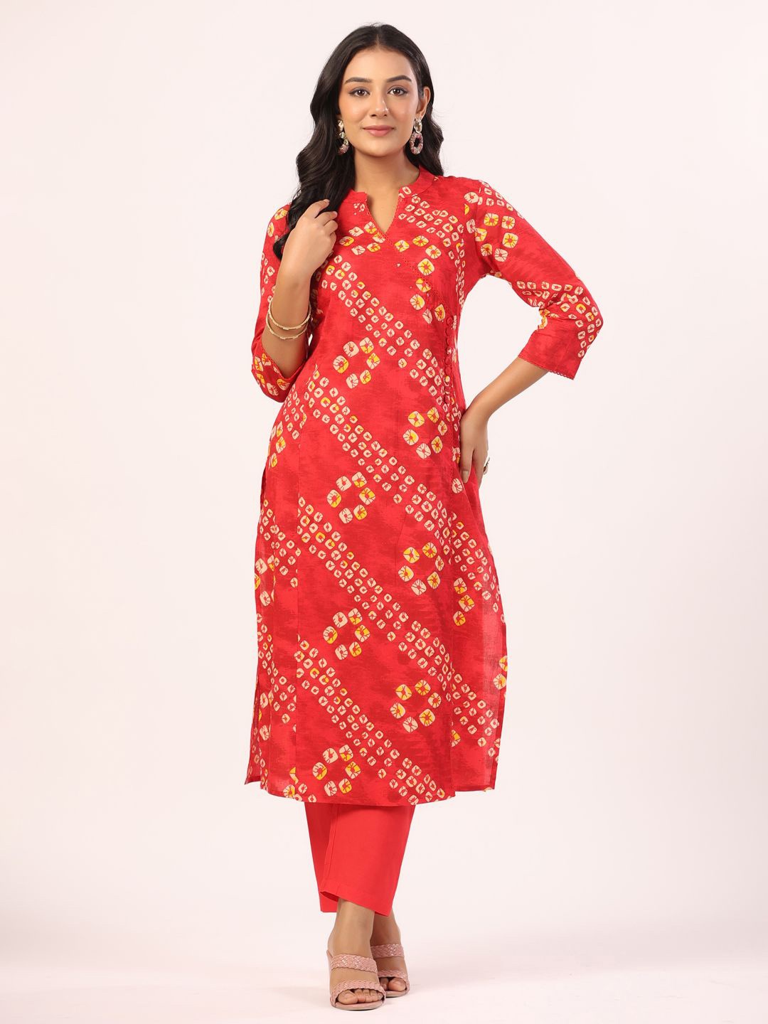 

PIROH Bandhani Printed Angrakha Sequinned Pure Cotton Kurta With Trousers, Red