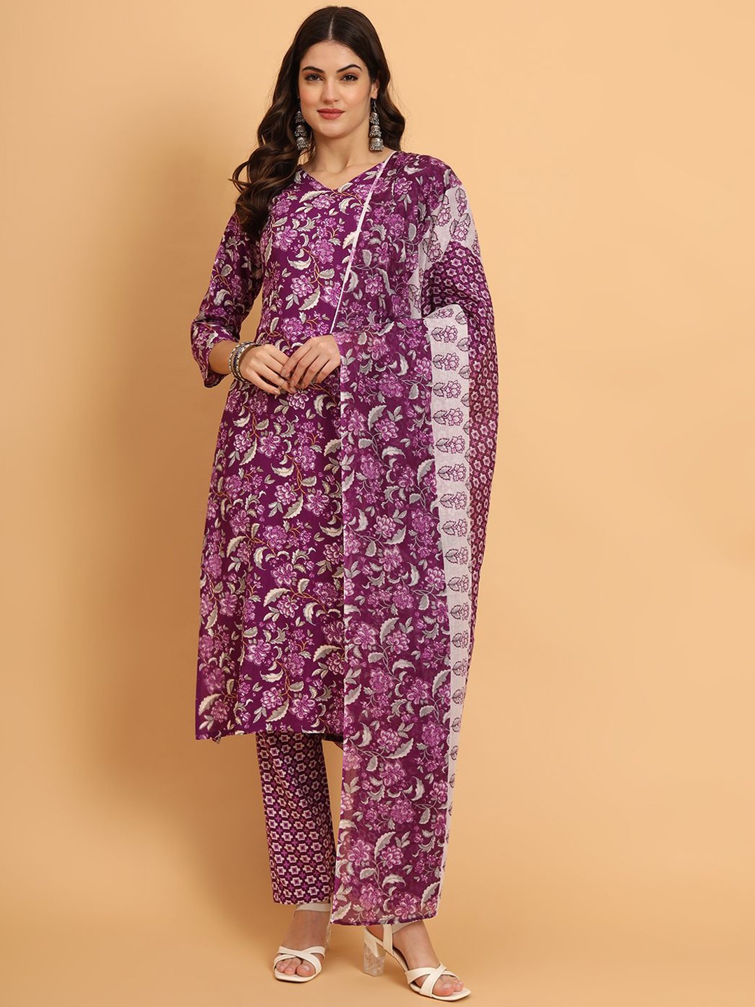 

KALINI V-Neck Floral Printed Straight Kurta with Trouser & Dupatta, Purple