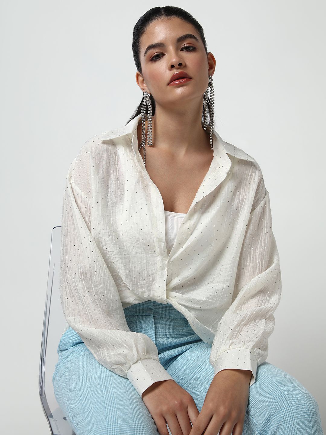

SHOWOFF Women Shirt Collar Long Sleeves Studded Shirt Style Crop Top, Off white