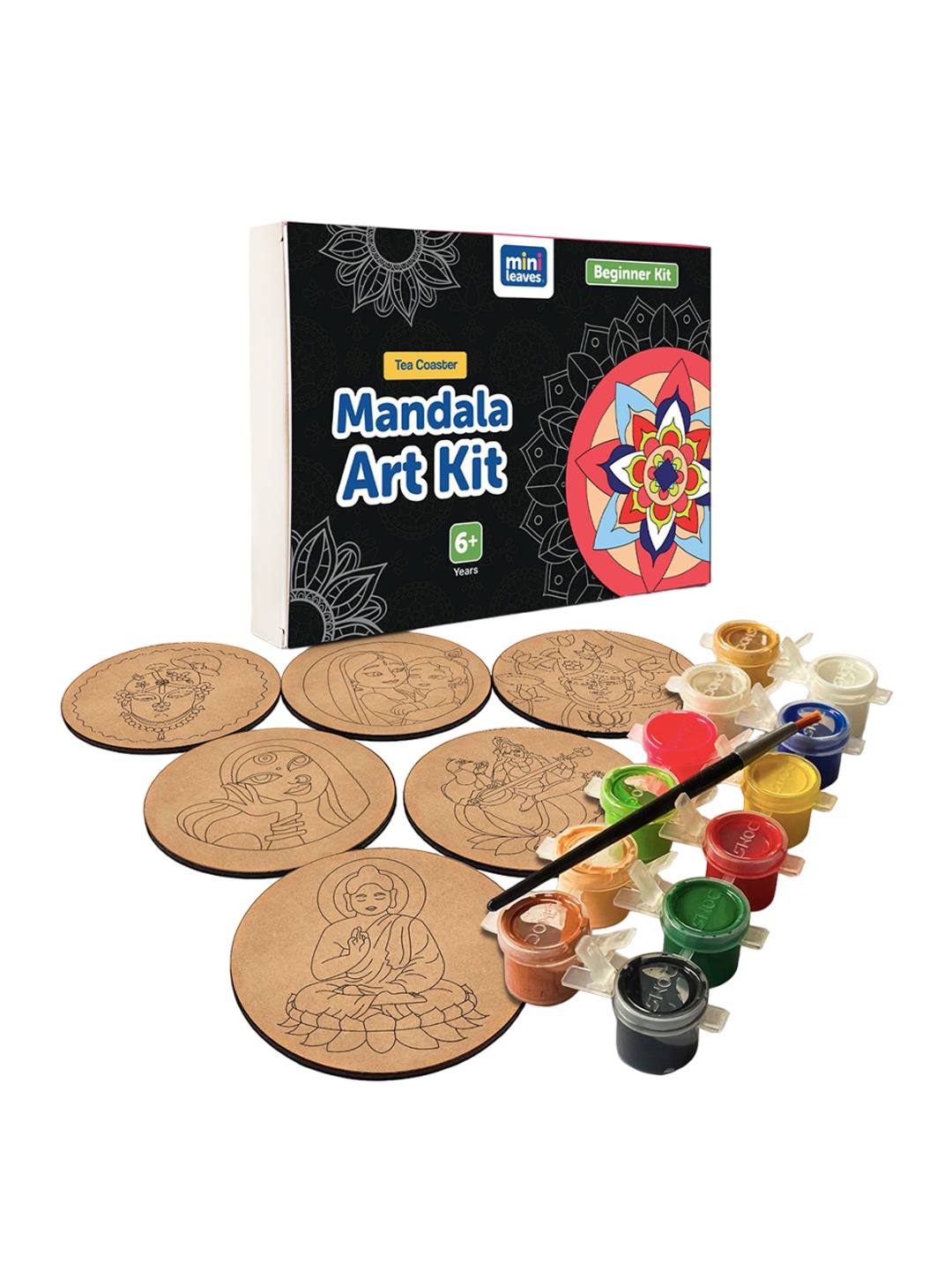 

Mini Leaves Kids 6-Pcs Wooden Tea Coaster Mandala Art Kit, Brown