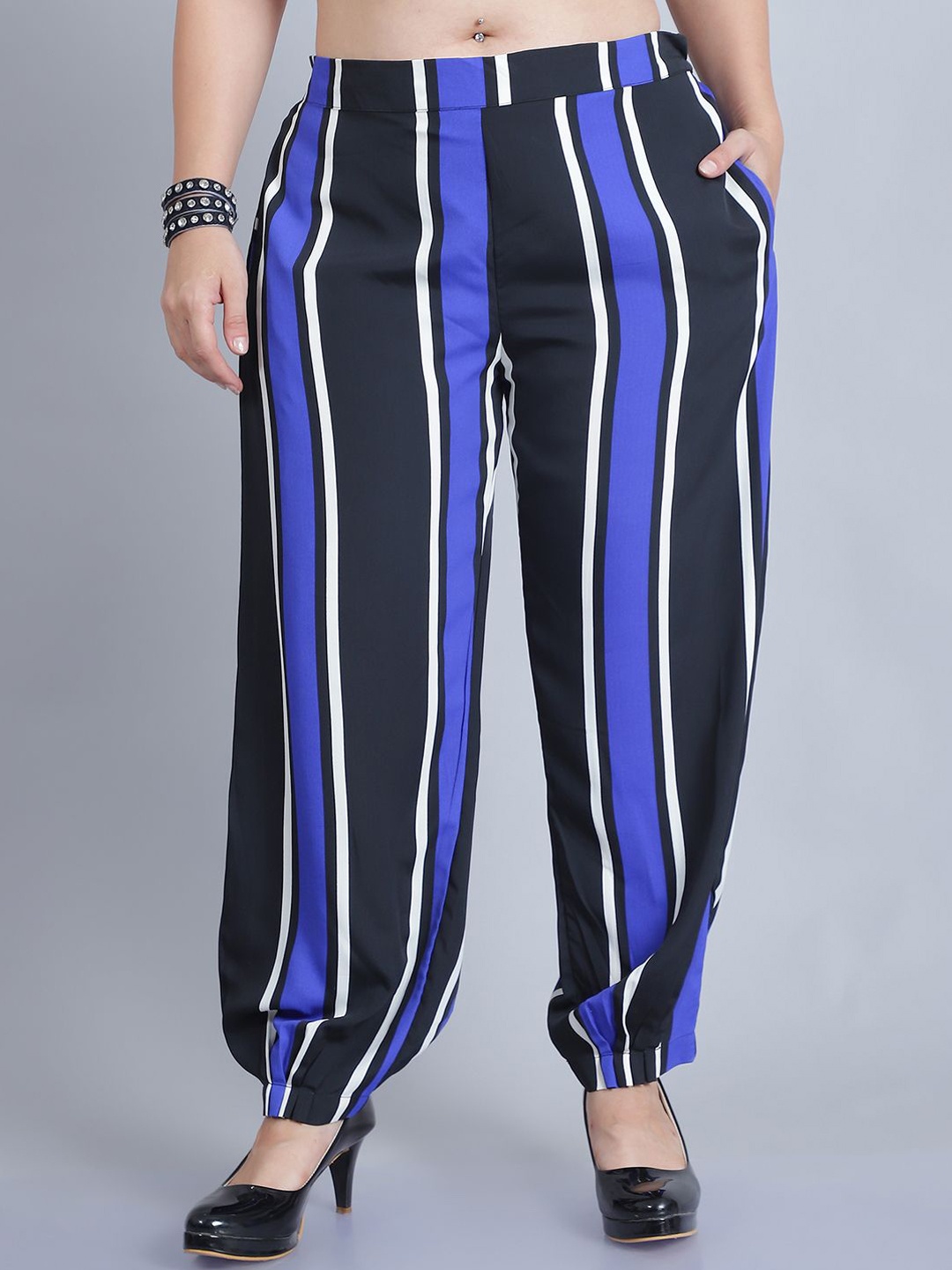 

Baawri Women Striped Mid-Rise Trousers, Blue