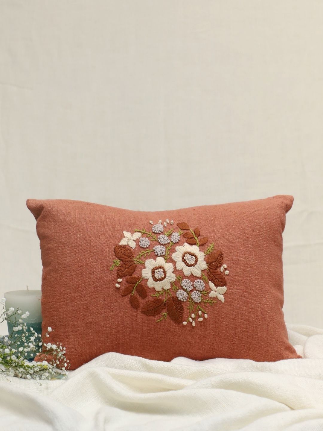 

DESIGN GAATHA Brown & Green Floral Linen Rectangle Cushion Covers