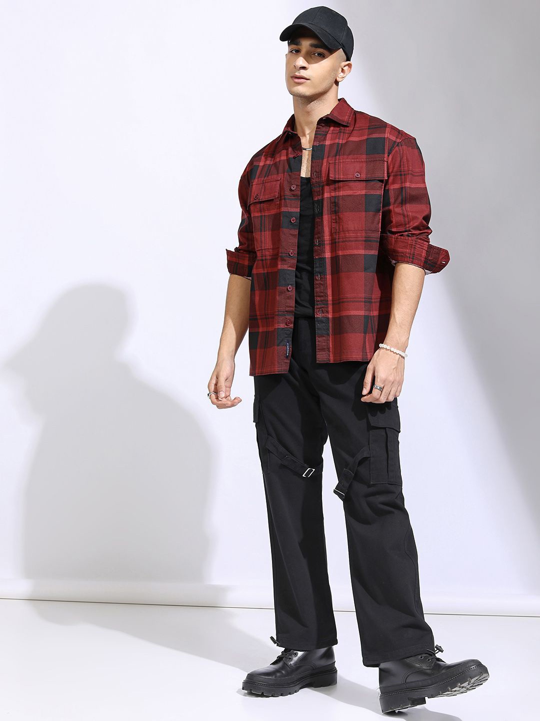 

HIGHLANDER Men Sulphur Washed Checked Stylised Pocket Oversized Shirt, Maroon