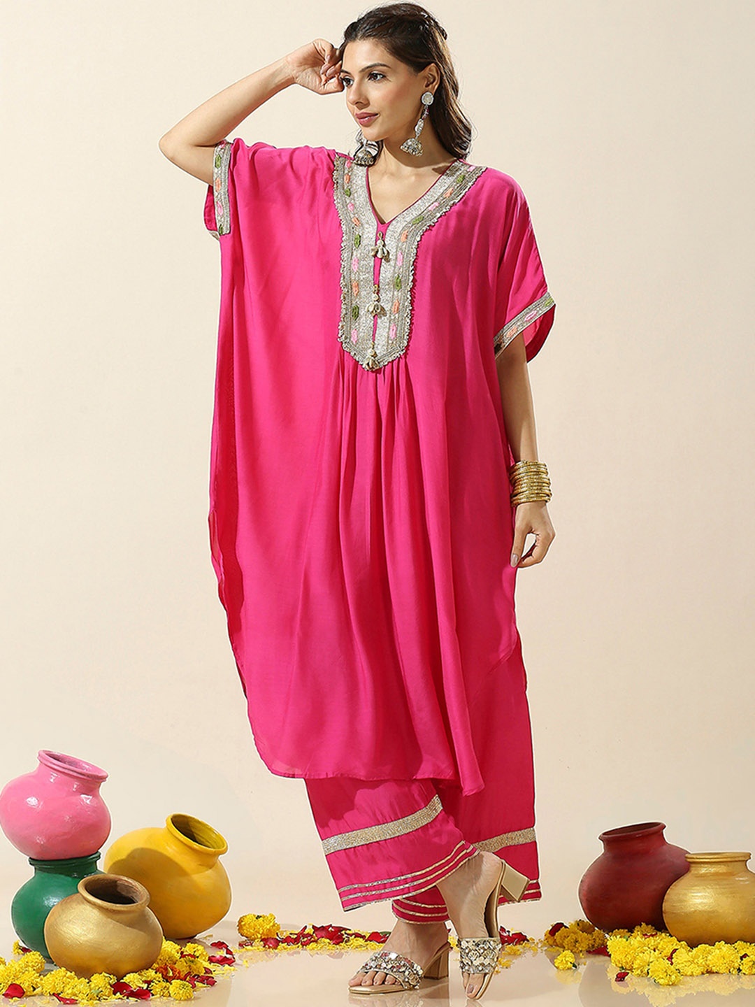 

Label Ishnya Women Embroidered Panelled Gotta Patti Kurta with Trousers, Pink