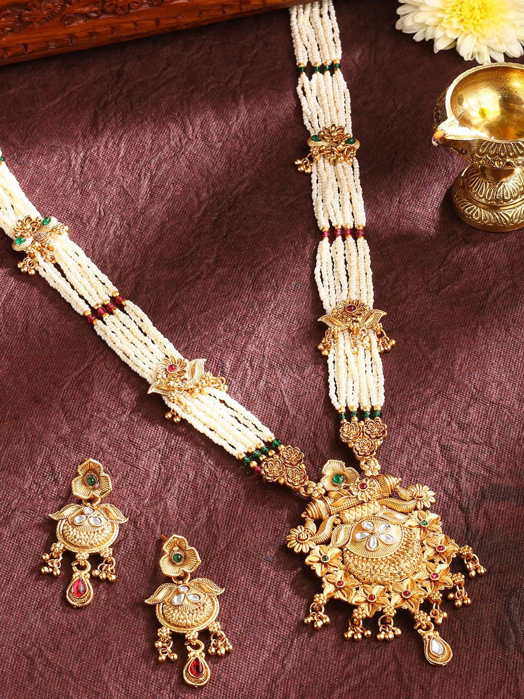 

Priyaasi Gold-Plated Stone Studded & Beaded Necklace and Earrings