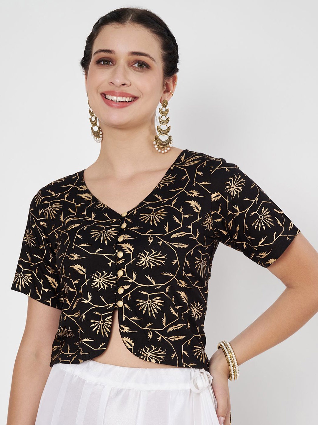 

studio rasa Women Block Printed V Neck Saree Blouse, Black