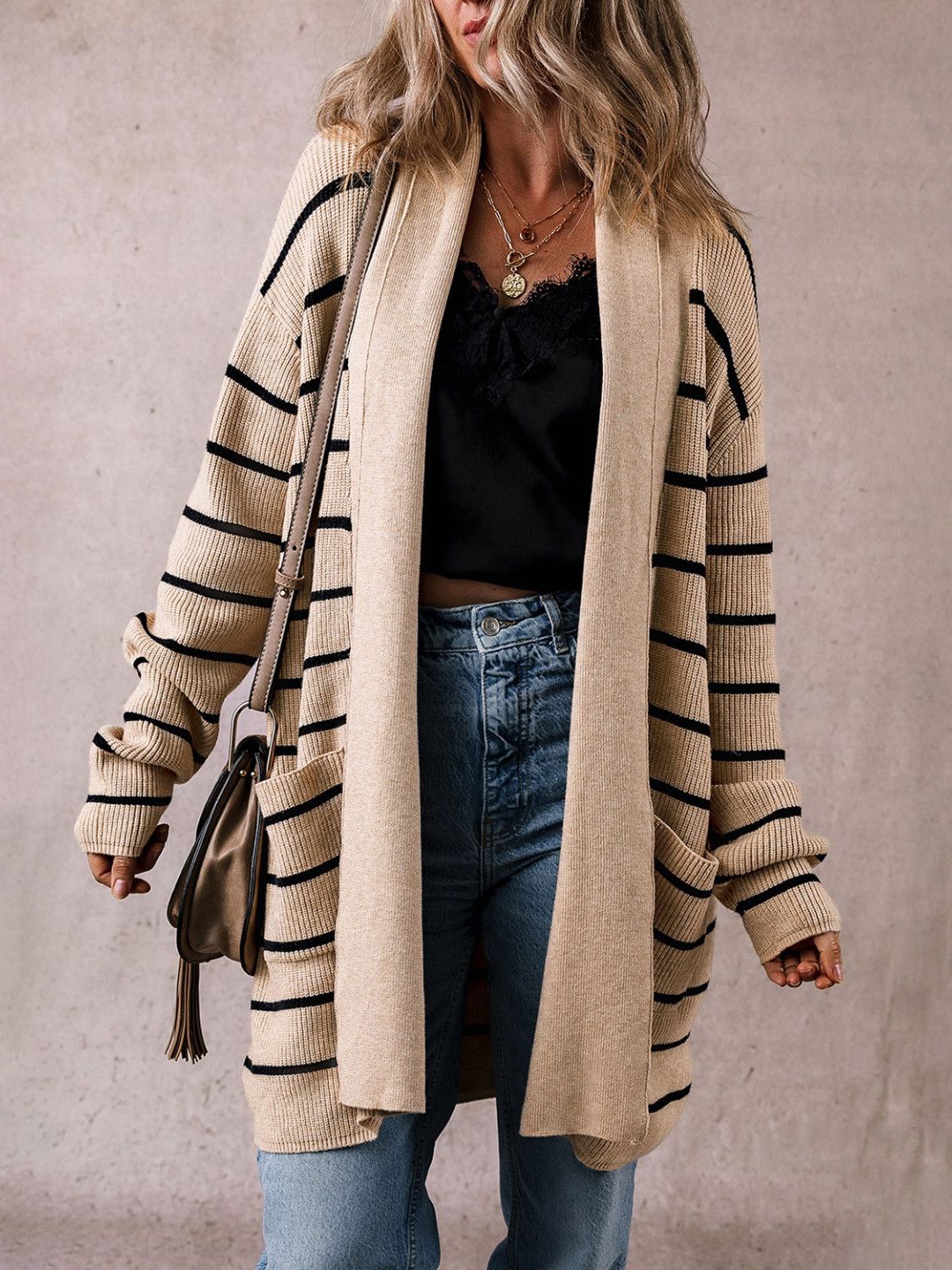 

StyleCast Women Striped Longline Front-Open Sweater, Beige