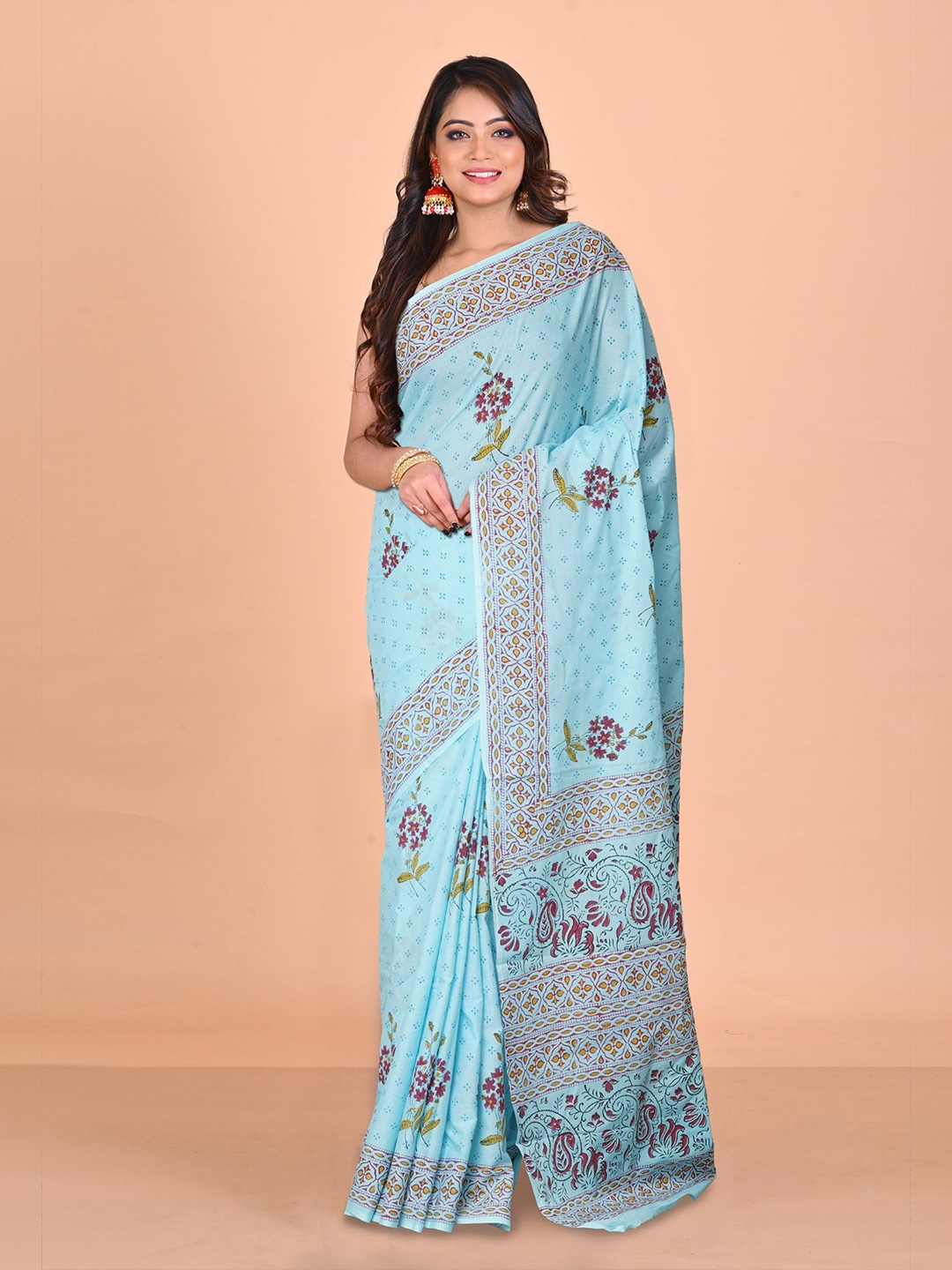 

Unnati Silks Floral Printed Pure Cotton Handloom Block Print Saree, Blue