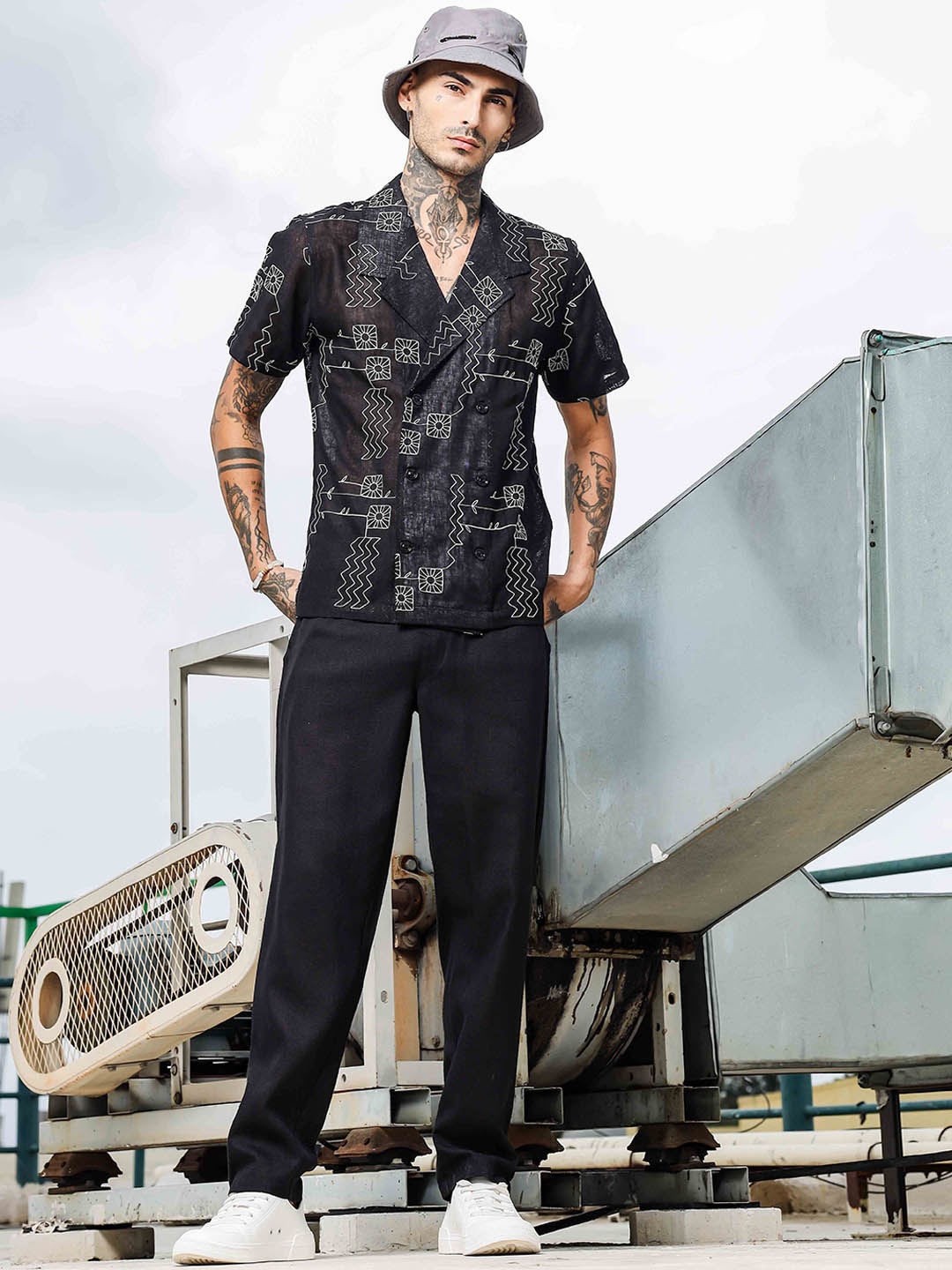 

House of Koala Notched Lapel Collar Embroidered Shirt & Trouser Co-Ord Set, Black