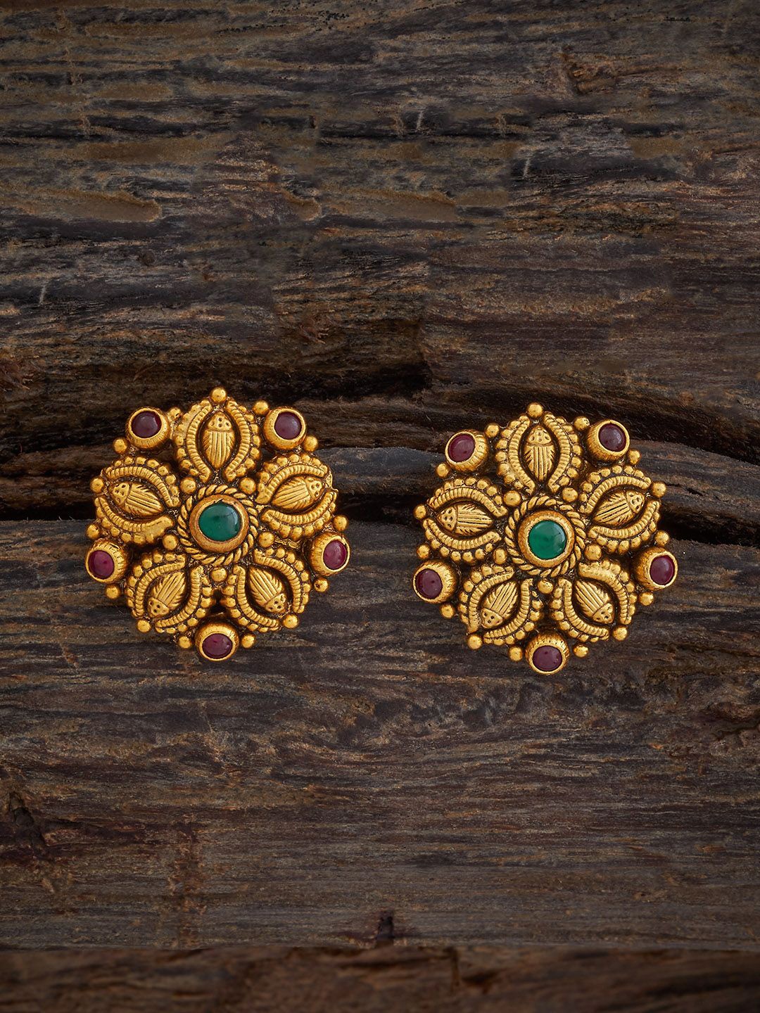 

Kushal's Fashion Jewellery Silver Gold Plated Zircon Stone Studded & Beaded Temple Studs