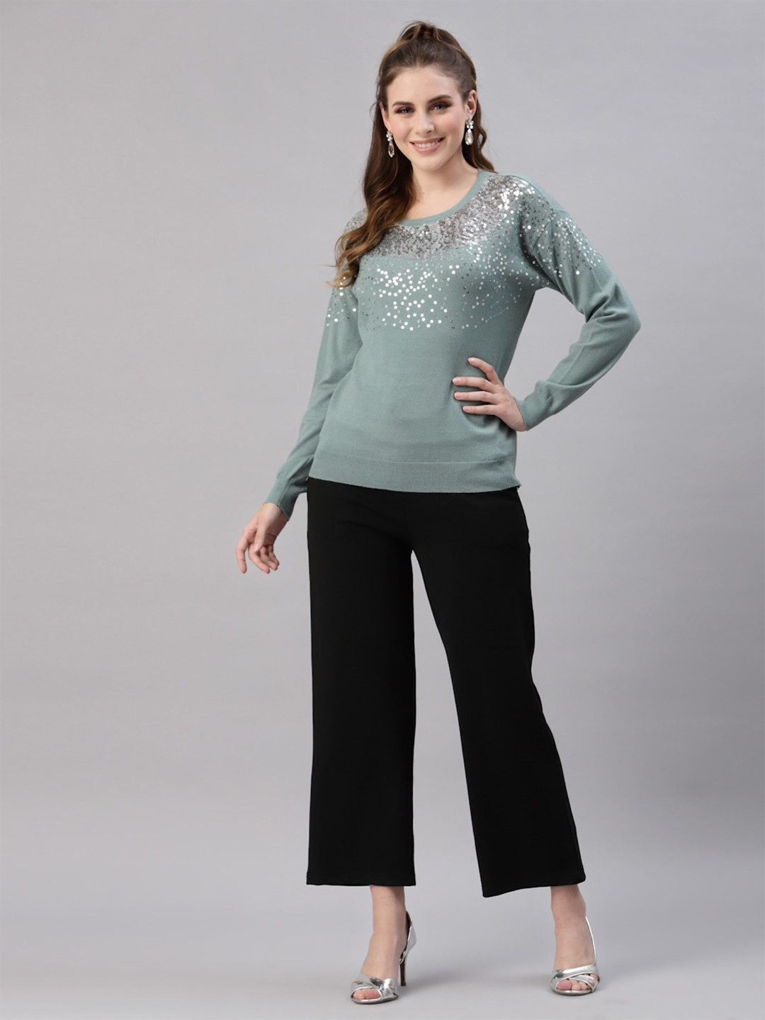 

Mafadeny Women Quirky Embellished Pullover, Green