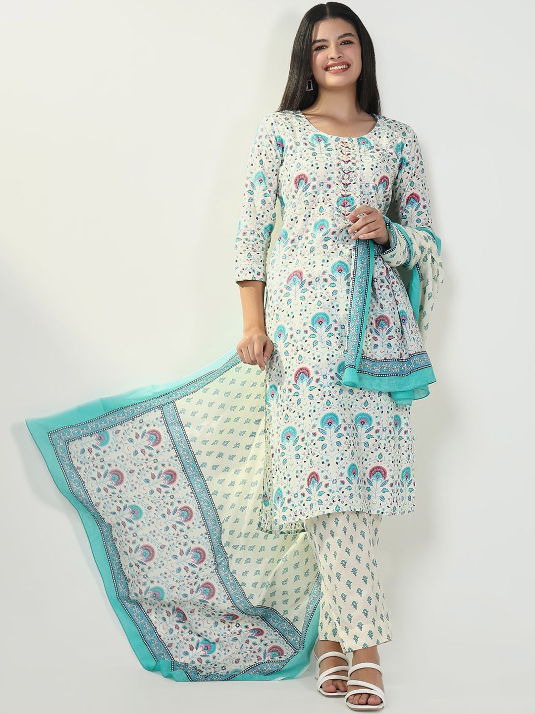 

SHOWOFF Floral Printed Regular Beads Work Straight Kurta With Trouser With Dupatta, Blue