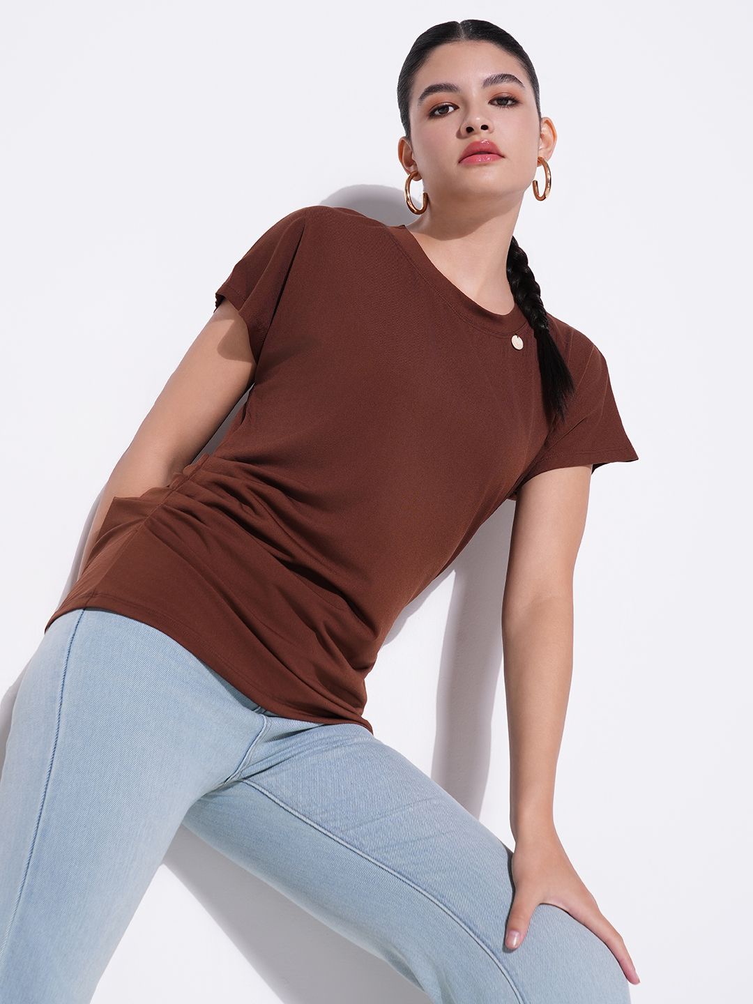 

SHOWOFF Women Cotton Round Neck Extended Sleeves Cotton Top, Brown