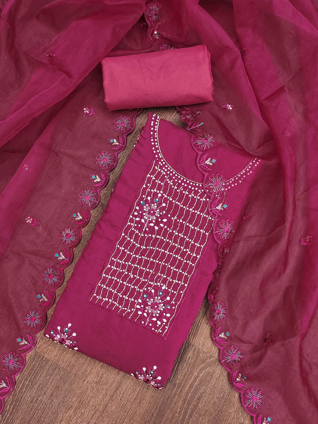 

Maroosh Floral Embellished Beads and Stones Unstitched Dress Material, Pink
