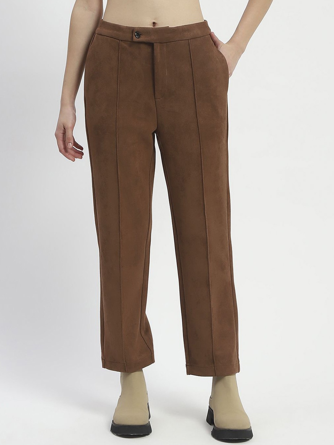 

Madame Women Self Design Pleated Mid-Rise Trousers, Tan