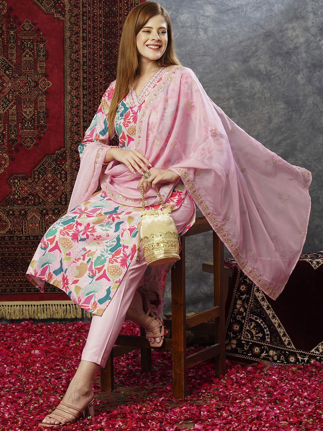 

GoSriKi Floral Printed Sequinned Straight Kurta With Trousers & Dupatta, Pink