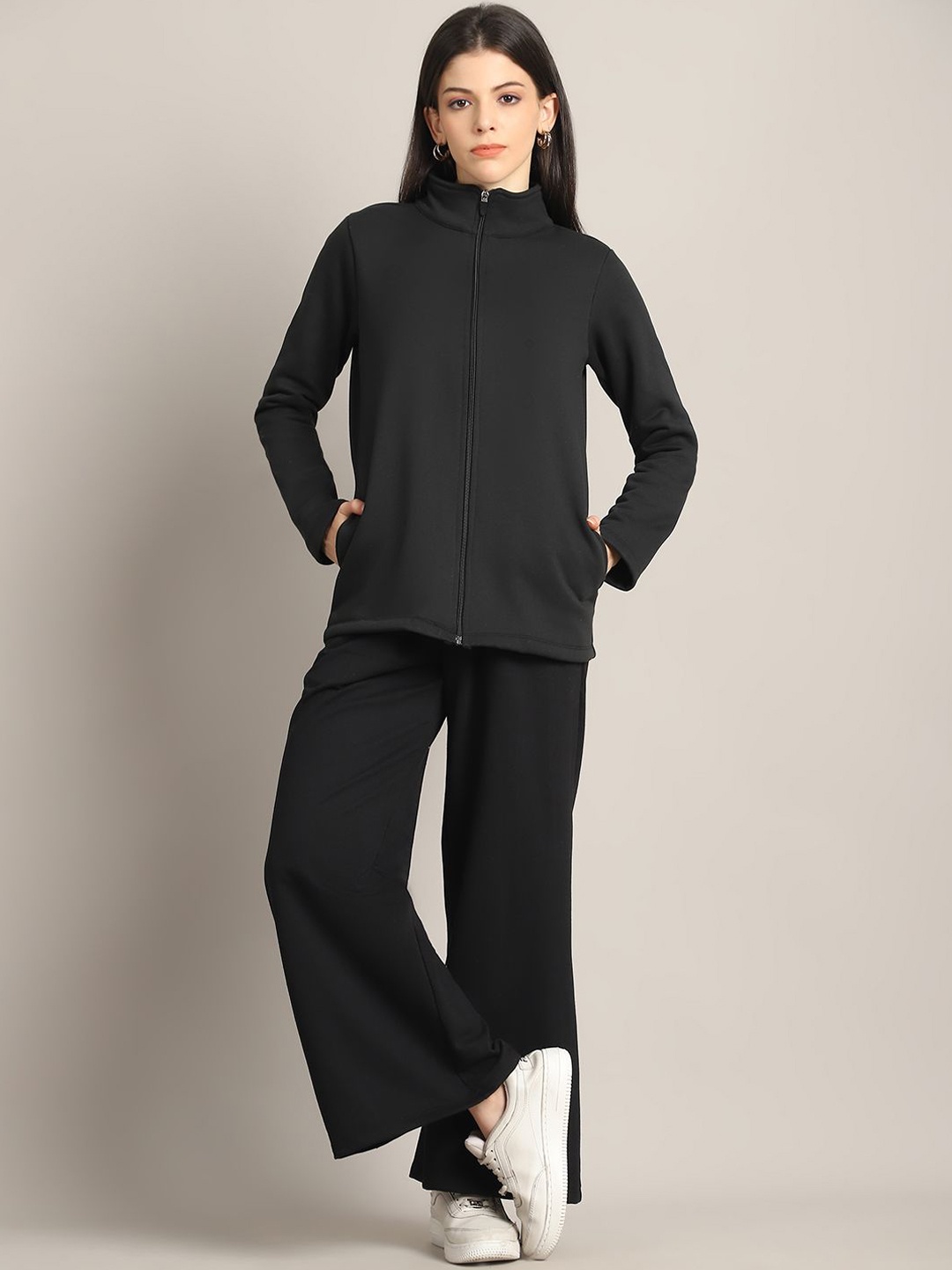 

Rute Women Mock Collar Long Sleeves Pure Cotton Tracksuit, Black