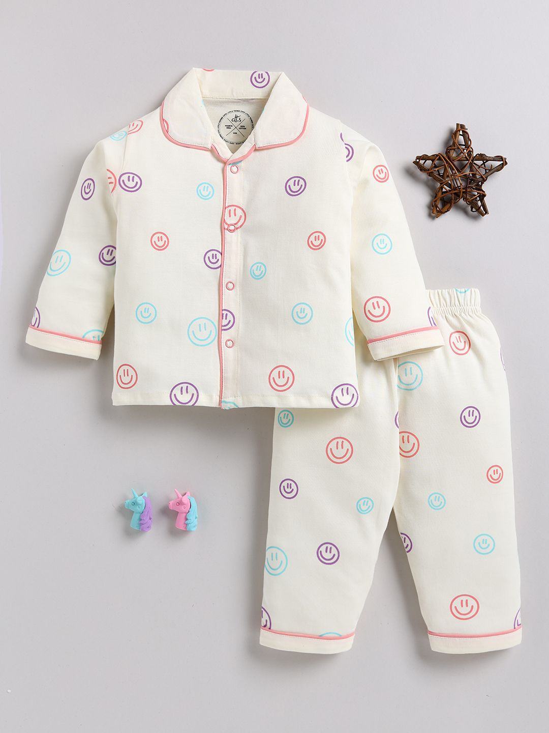 

Clt.s Kids Smiley Printed Pure Cotton Night suit, Cream