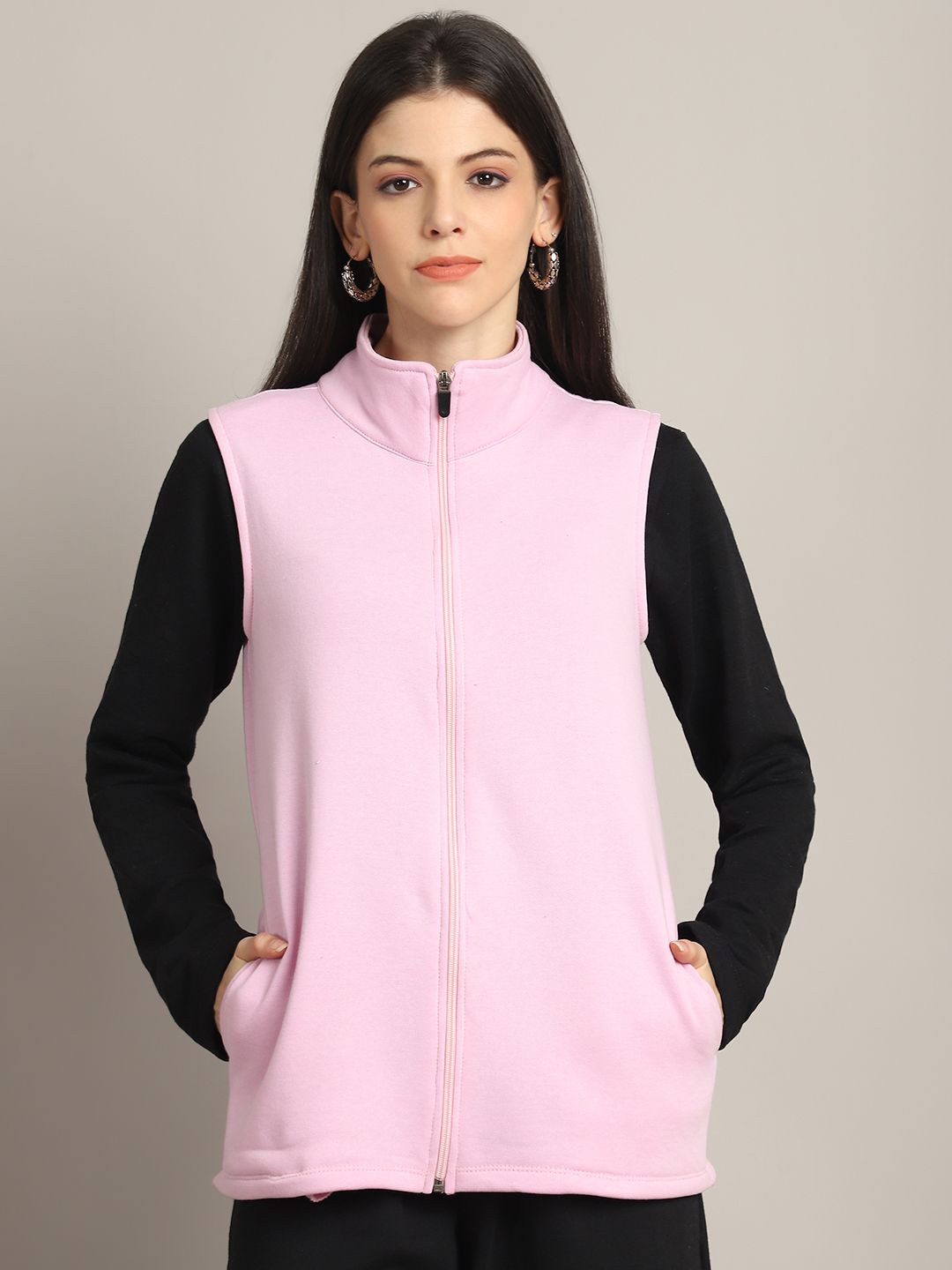 

Rute Women Cotton Mock Neck Sleeveless Front Open Sweatshirt, Pink
