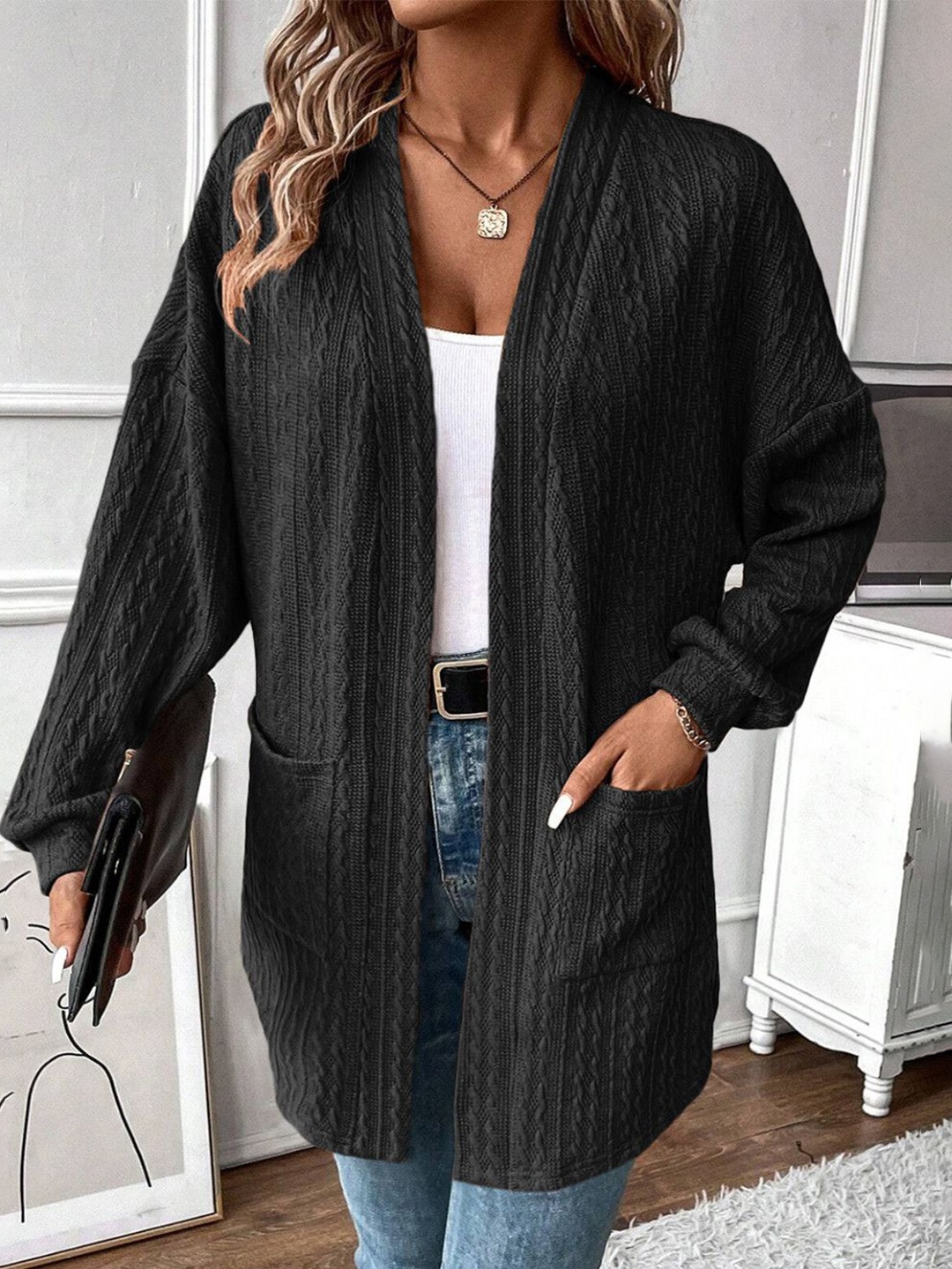 

StyleCast Women Cable Knit Long Sleeves Longline Sweater, Black