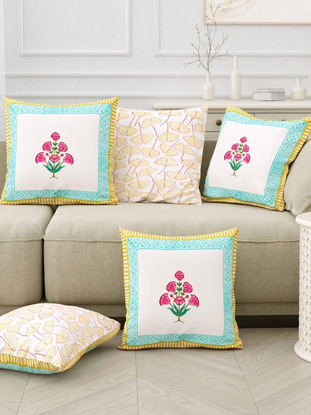 

BLOCKS OF INDIA Yellow & White 5 Pieces Floral Printed Pure Cotton Square Cushion Covers