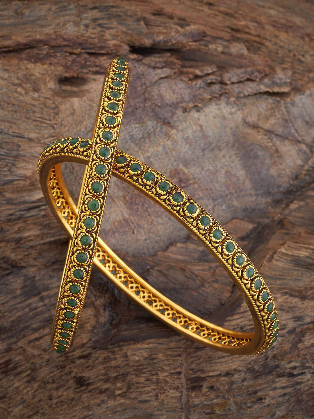 

Kushal's Fashion Jewellery Set Of 2 Gold Plated Stone Studded Antique Bangles