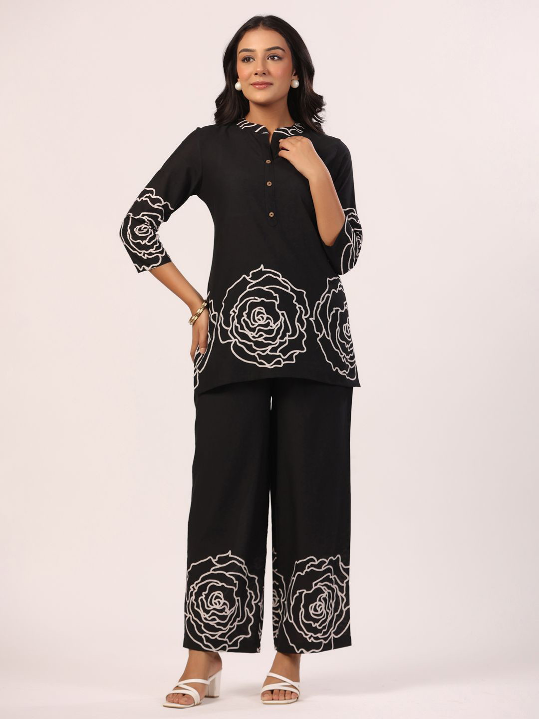 

PIROH Printed Mandarin Collar Pure Cotton Tunic With Trousers, Black