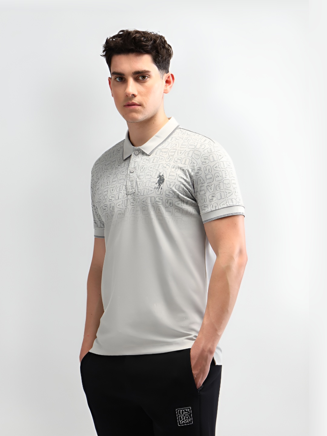 

U.S. Polo Assn. Men Brand Logo Printed Polo Collar Slim Fit T-shirt, Grey