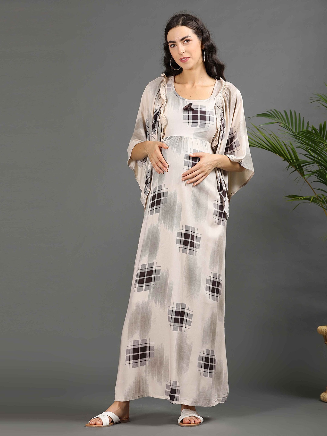 

GOLDSTROMS Women Checked Printed Maternity Long Ethnic Dress, Beige