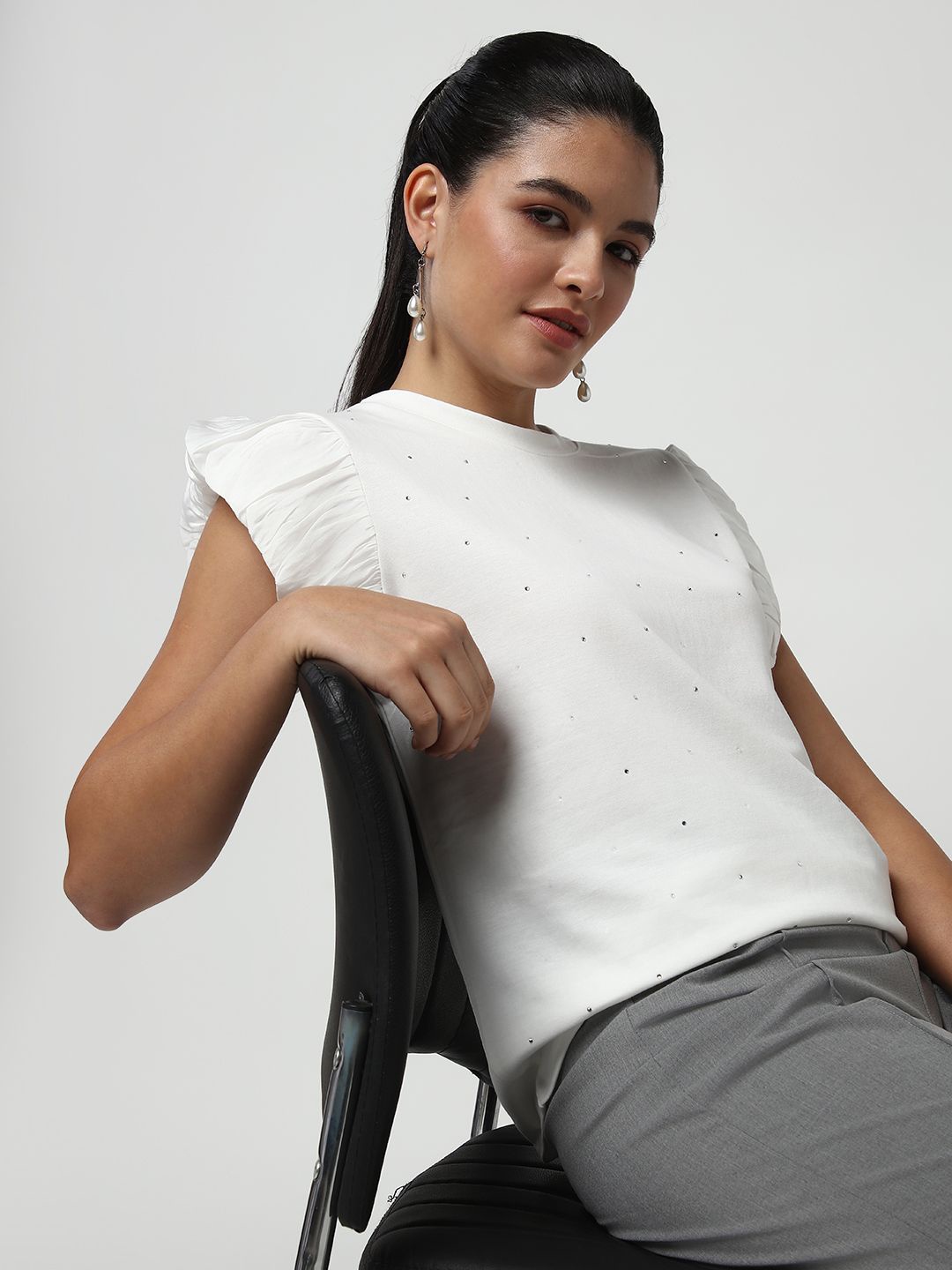 

SHOWOFF Women Embellished Flutter Sleeves Studded Top, White