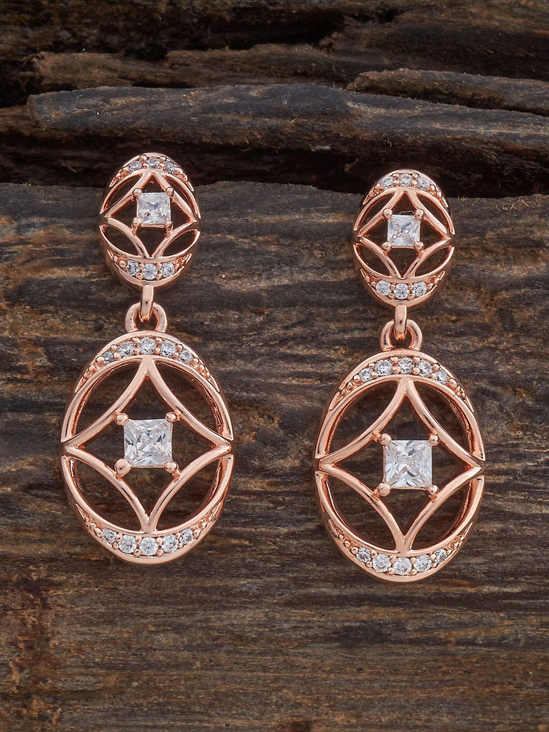 

Kushal's Fashion Jewellery Rose Gold-Plated Zircon Studded Geometric Drop Earrings