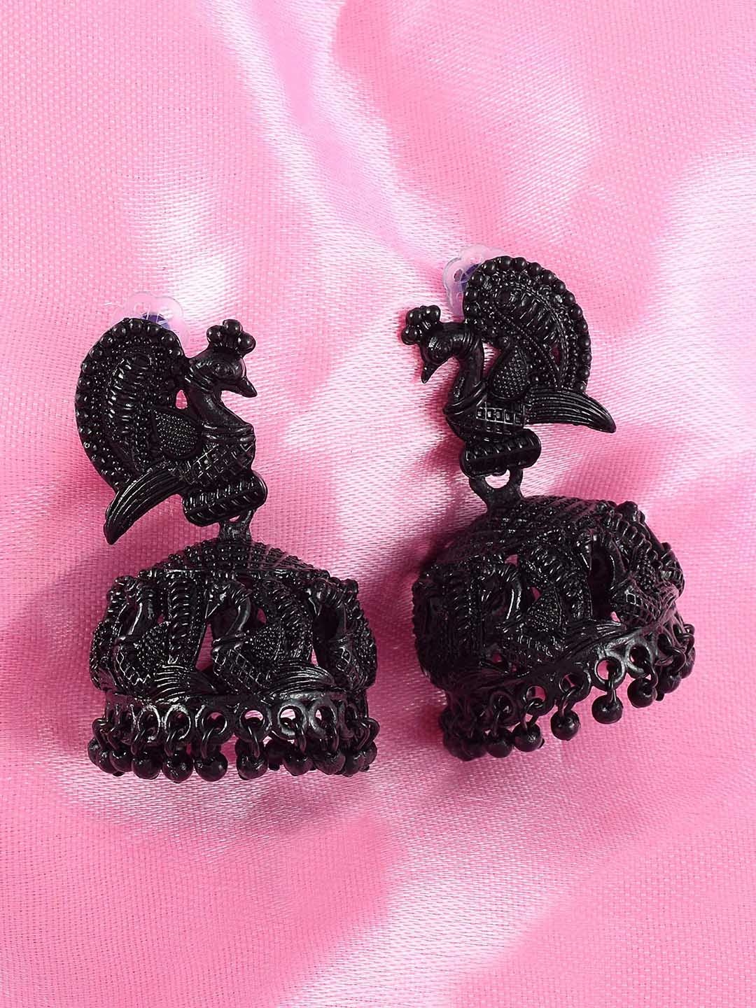 

MEMOIR Brass-Plated Peacock Shaped Jhumkas, Black
