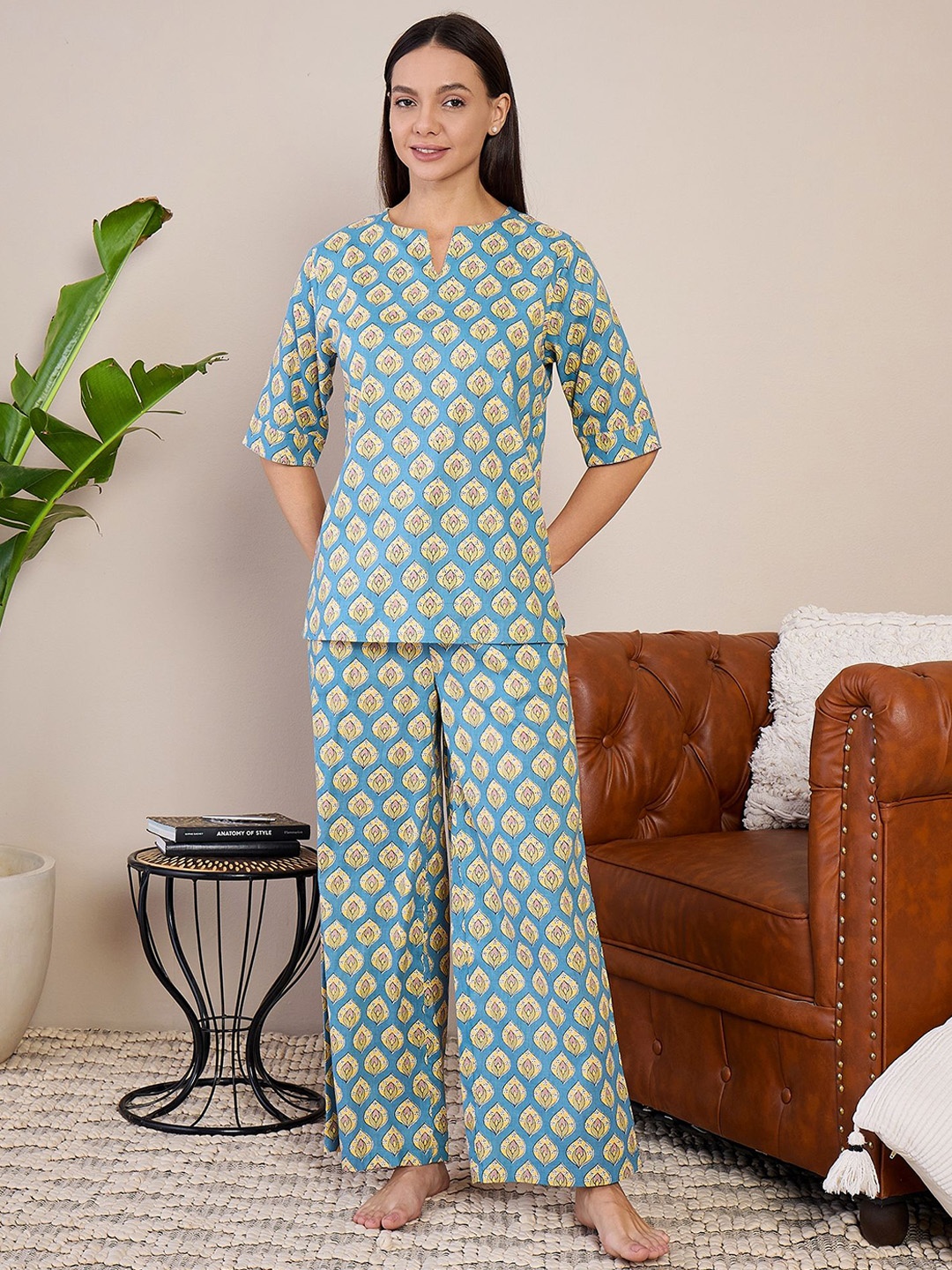 

July Women Printed Pure Cotton Night suit, Blue