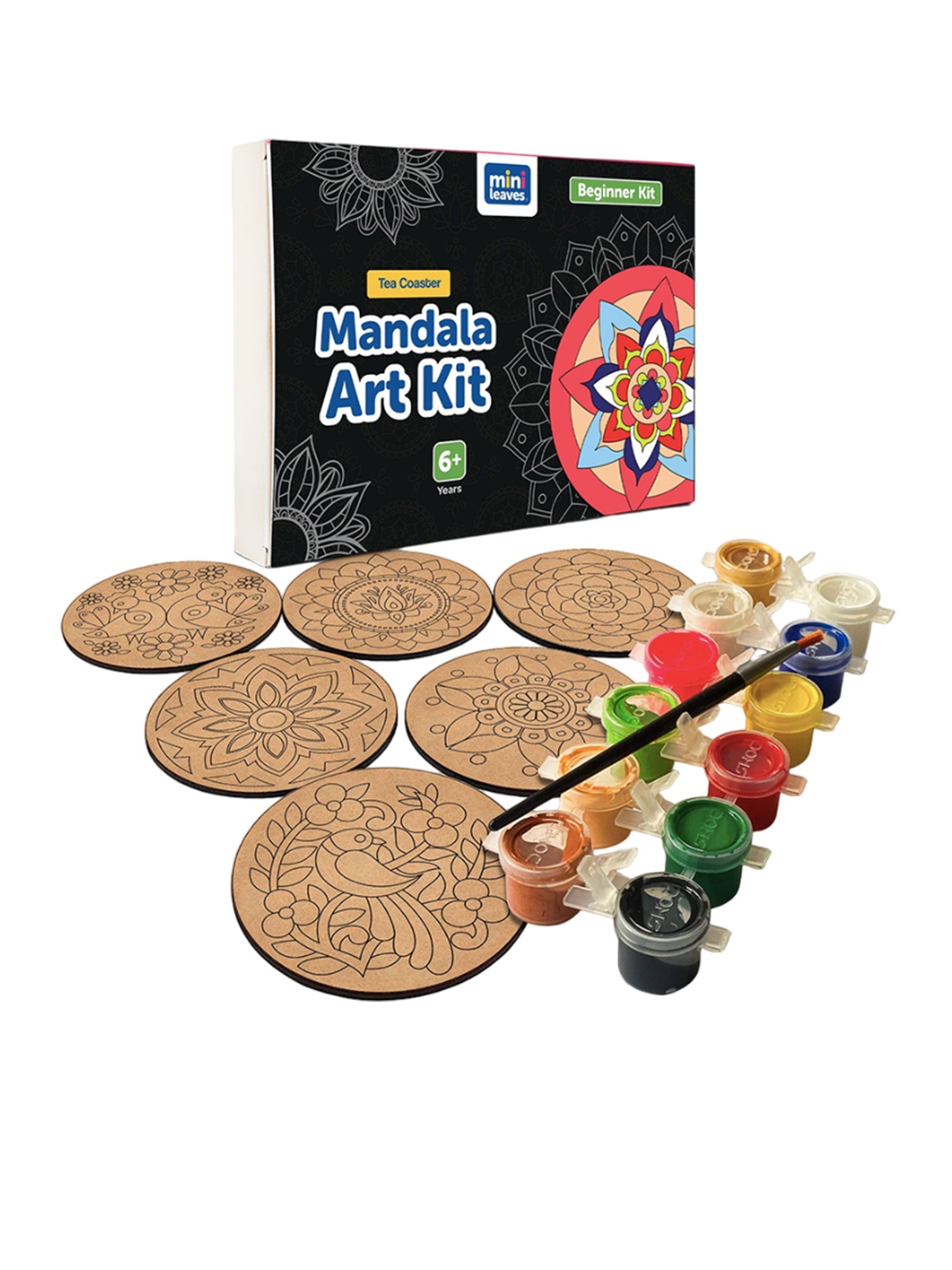 

Mini Leaves Kids 6-Pcs Wooden Tea Coaster Mandala Art Kit With Paint Brush & Colors, Brown