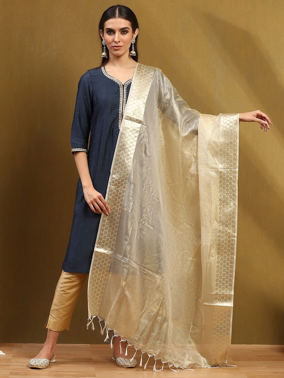 

Biba Solid Dupatta With Tassels Border, Gold