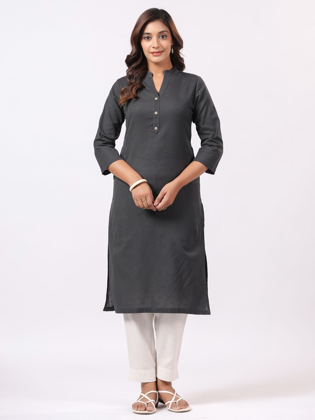 

PIROH Mandarin Collar Cotton Straight Kurta, Grey