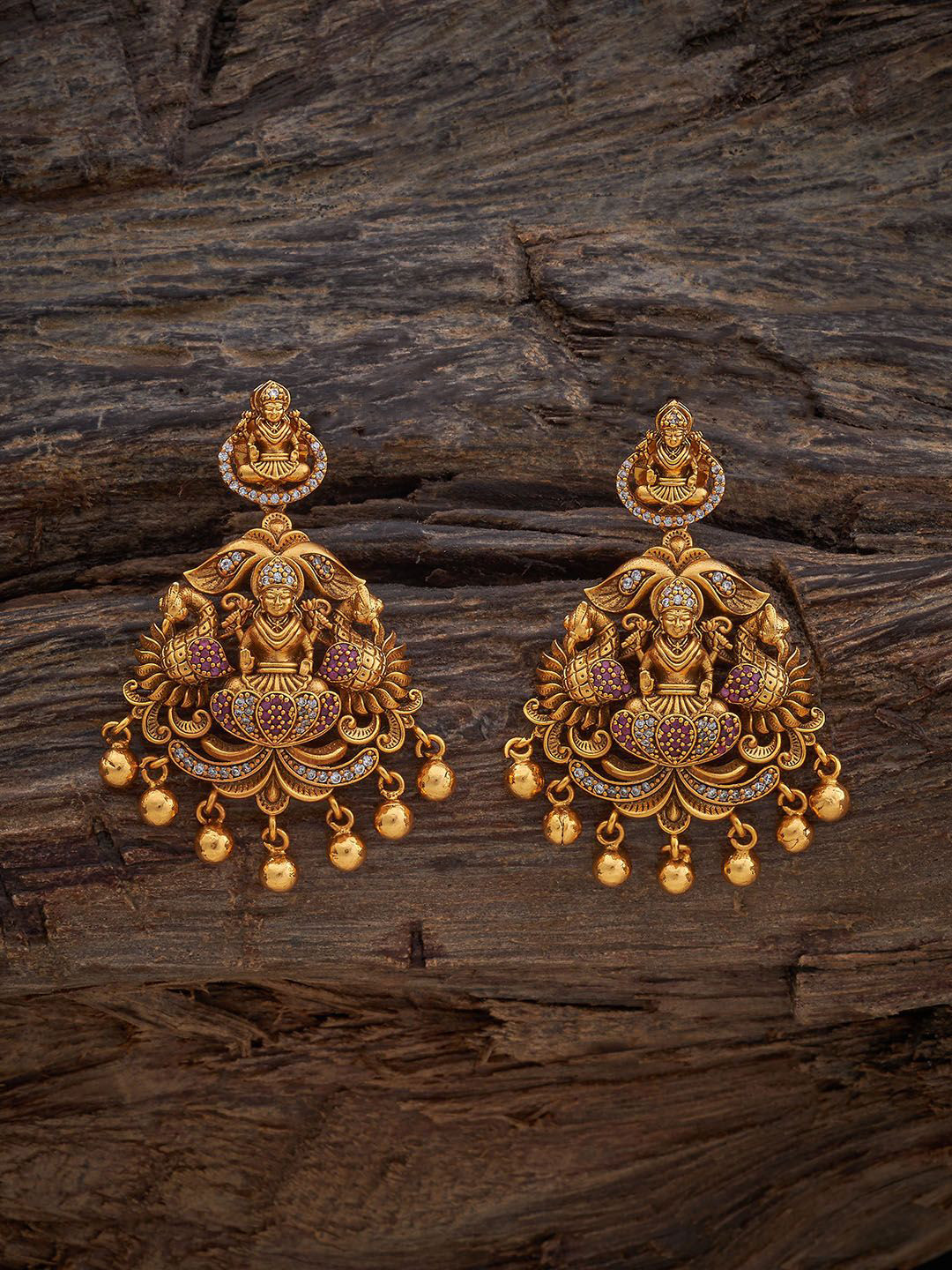 

Kushal's Fashion Jewellery Gold Plated Zircon Studded Peacock Shaped Drop Antique Earrings