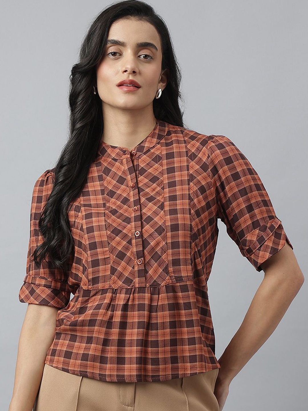 

Latin Quarters Women Checked Mandarin Collar Cinched Waist Top, Brown