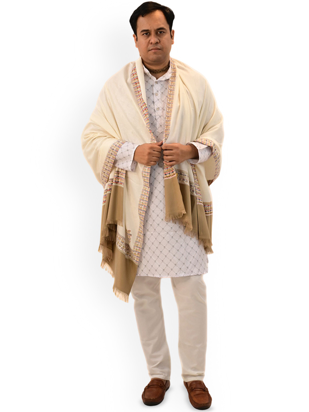 

Vrinde Kashmiri Floral Woven Design Woollen Shawl, White