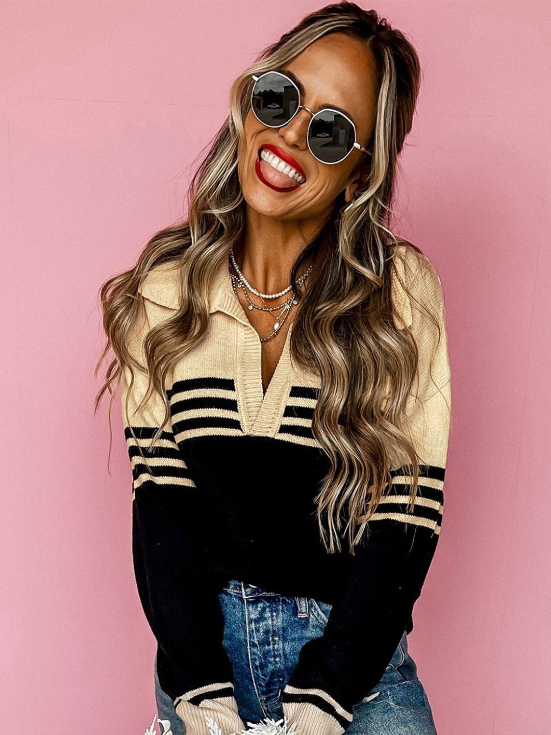 

StyleCast Women Striped V-Neck Pullover Sweater, Black