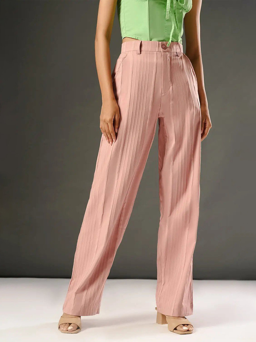

FREAKINS Women Striped Relaxed Straight Leg Straight Fit High-Rise Korean Pant, Pink