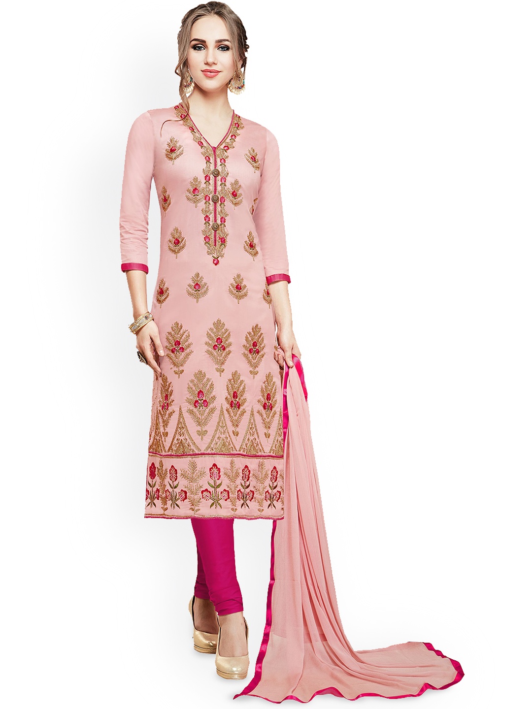 

Maroosh Floral Embroidered Unstitched Dress Material, Pink