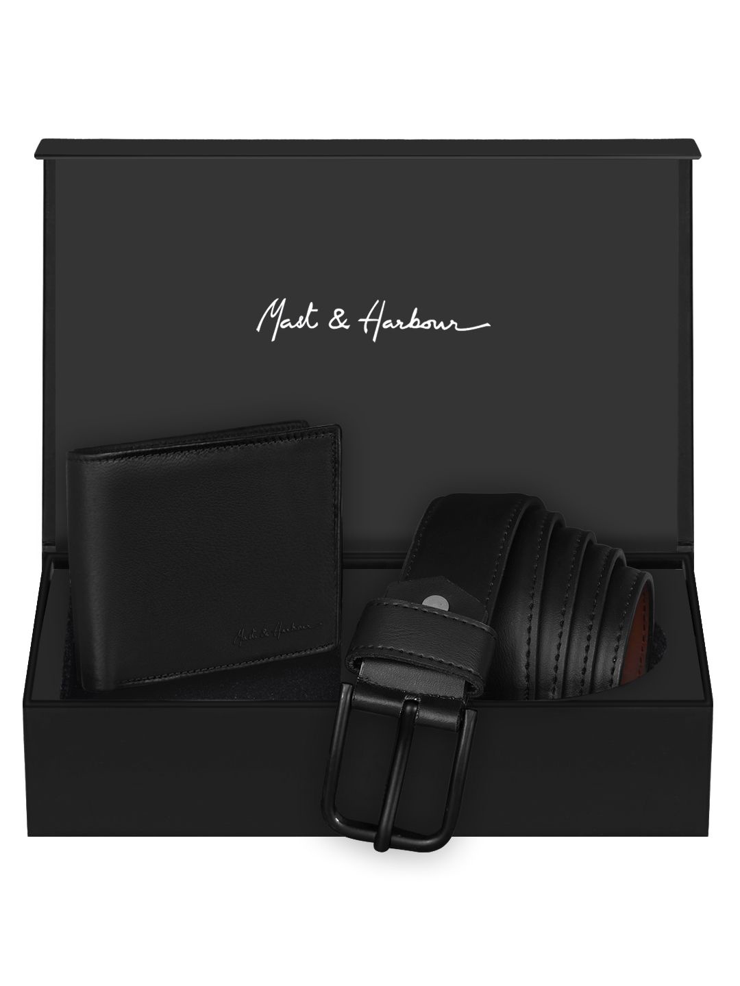 

Mast & Harbour Men Pack of Wallet & Belt, Black