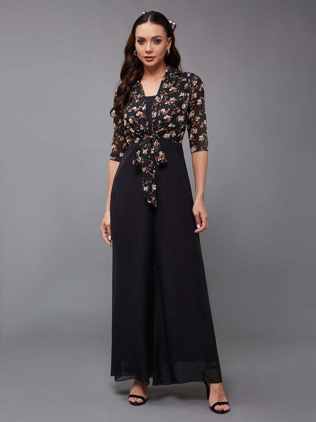 

Miss Chase Women Printed Round Neck Basic Jumpsuit, Black