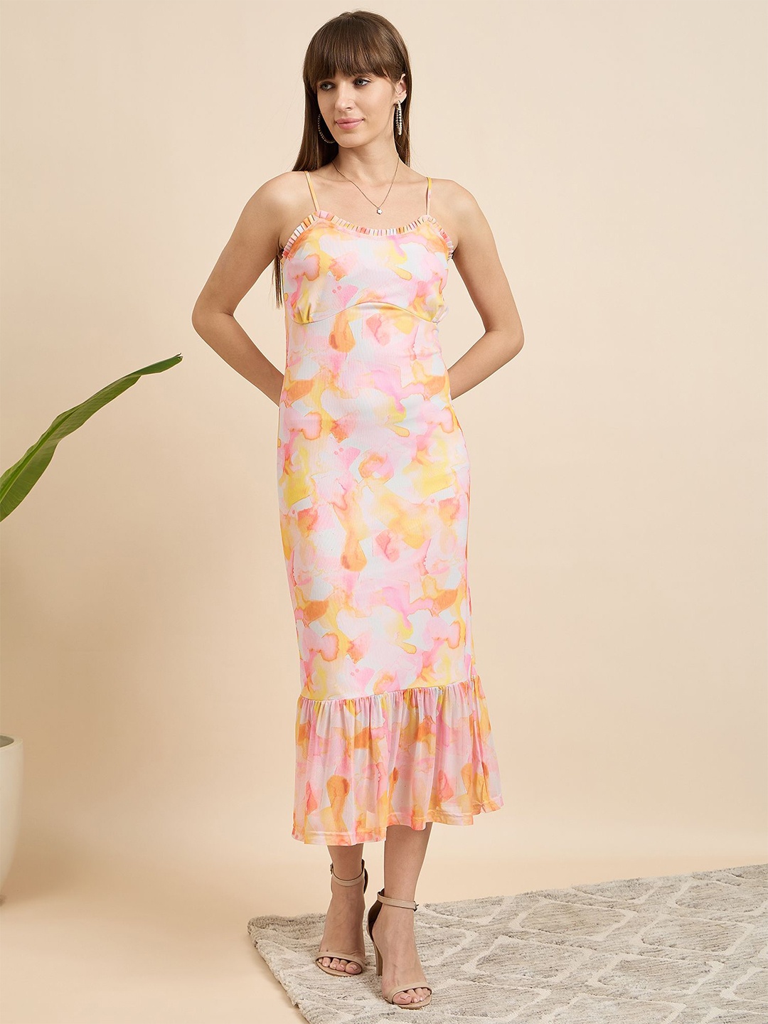 

Mast & Harbour Women Abstract Printed Drop - Waist Midi Dress, Orange