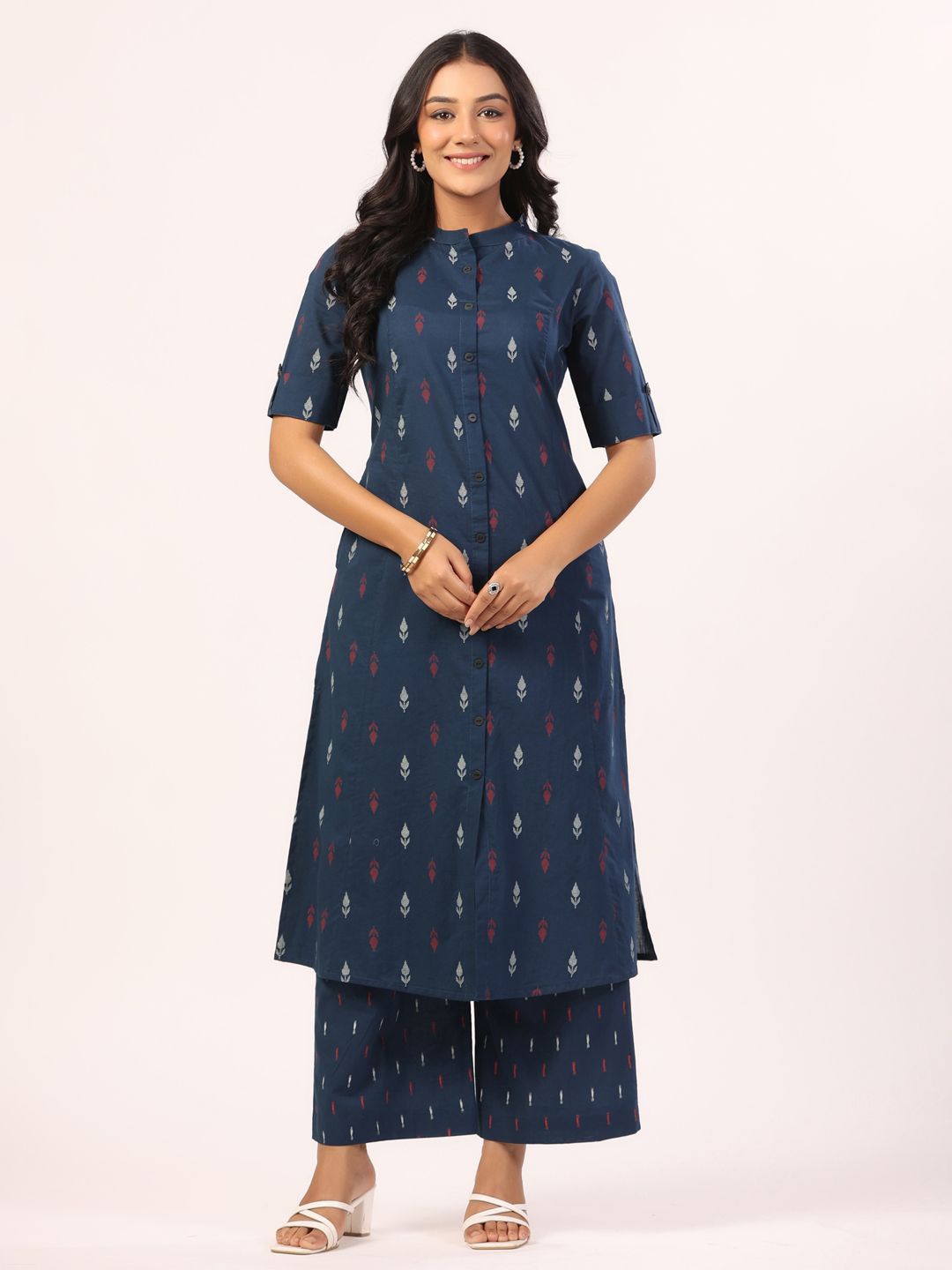 

PIROH Ethnic Motifs Printed Mandarin Collar Pure Cotton A-Line Kurta With Palazzos, Blue
