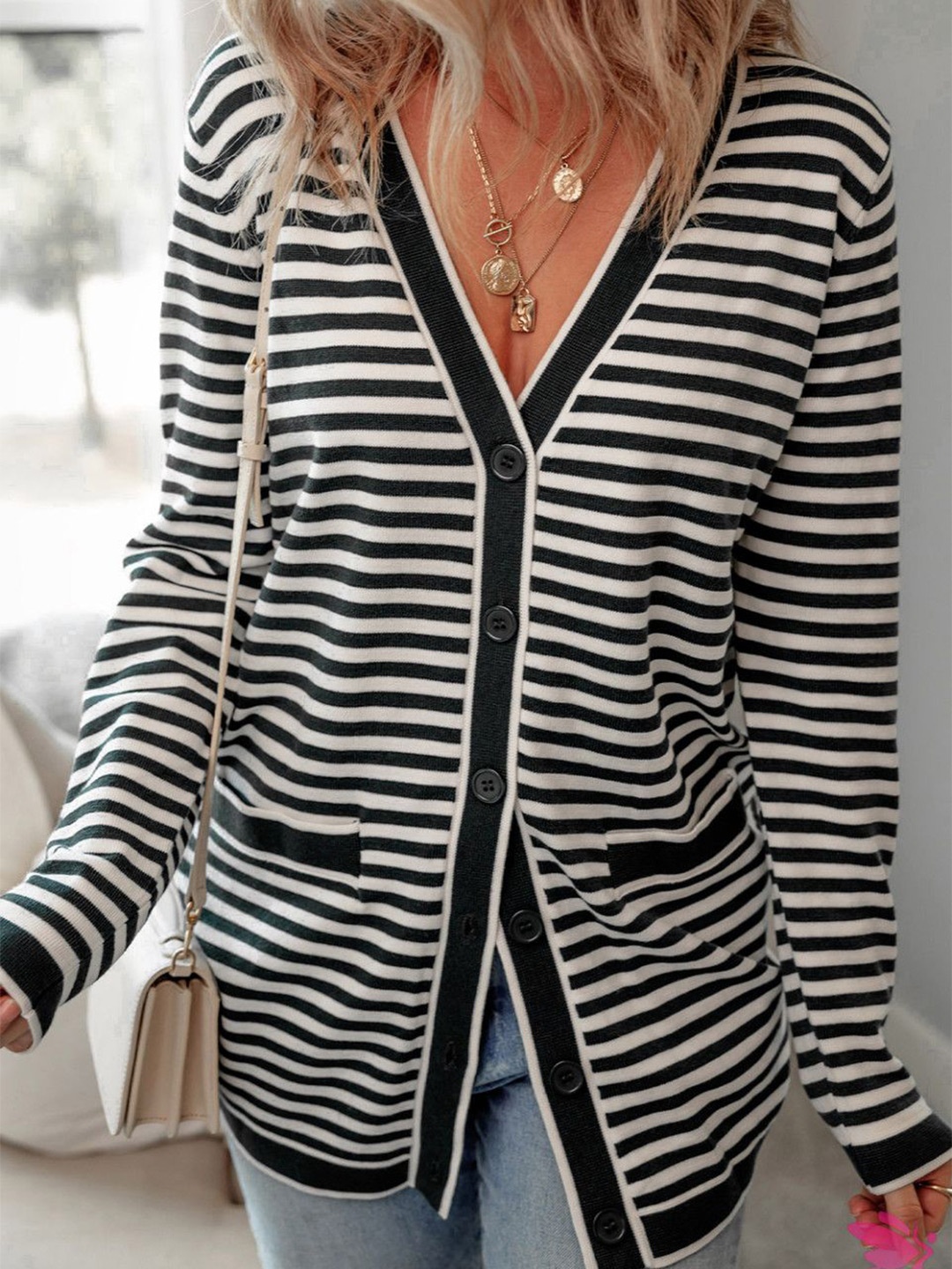 

StyleCast Women V-Neck Long Sleeves Striped Cardigan, Black