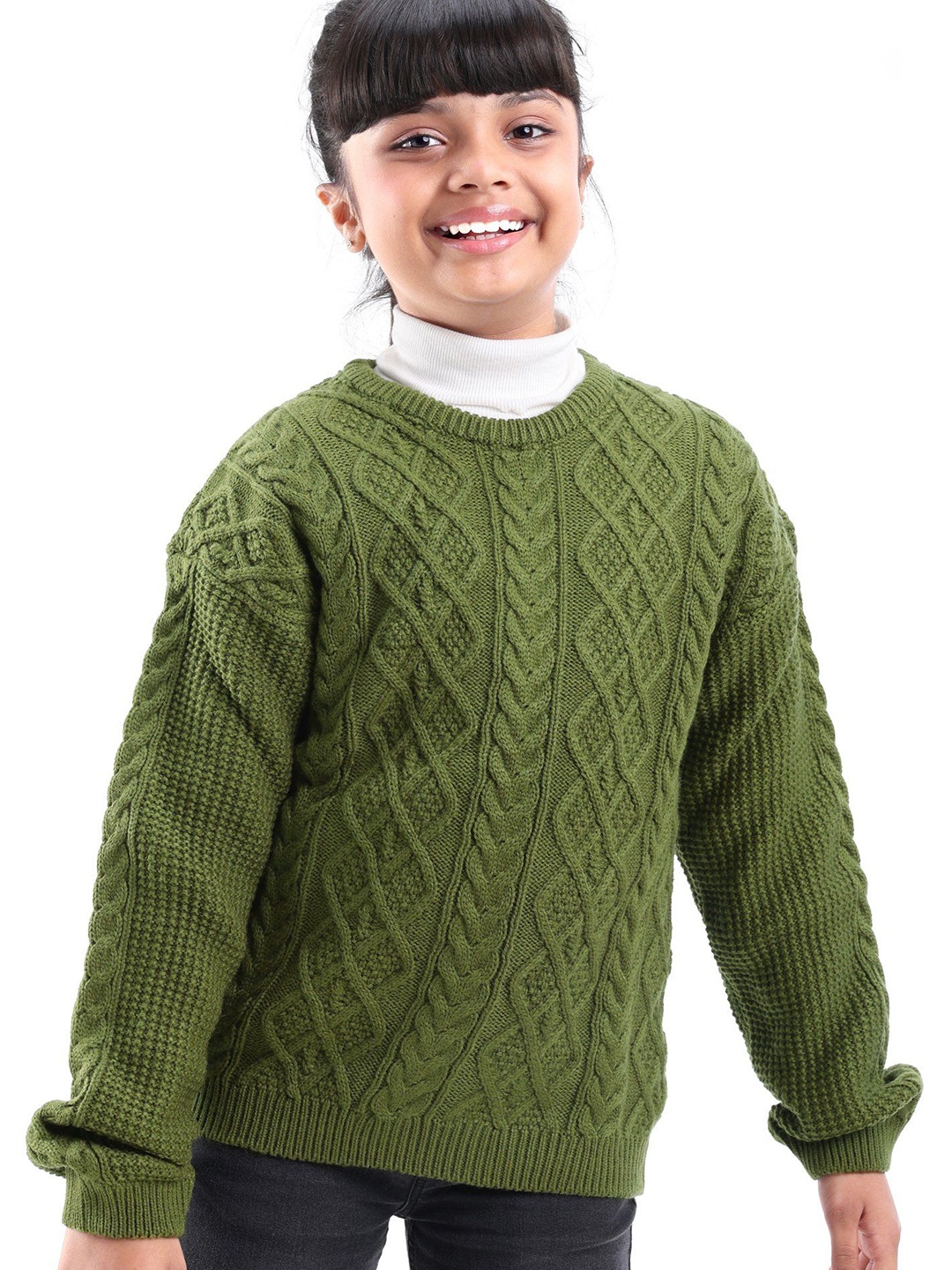 

Honeyhap Kids Self Design Long Sleeves Round Neck Cable Knit Pullover Sweaters, Olive